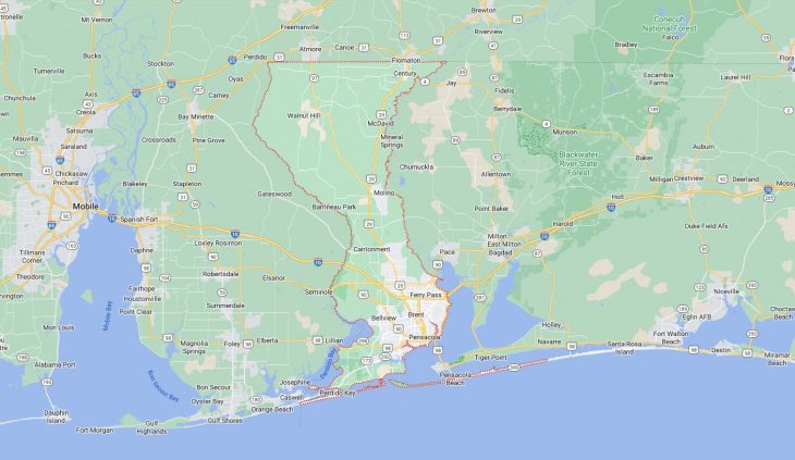 Map of Cities in Escambia County, FL