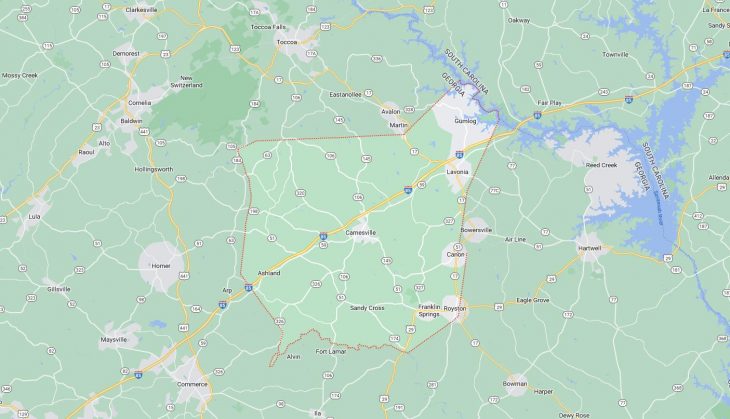 Map of Cities in Franklin County, GA